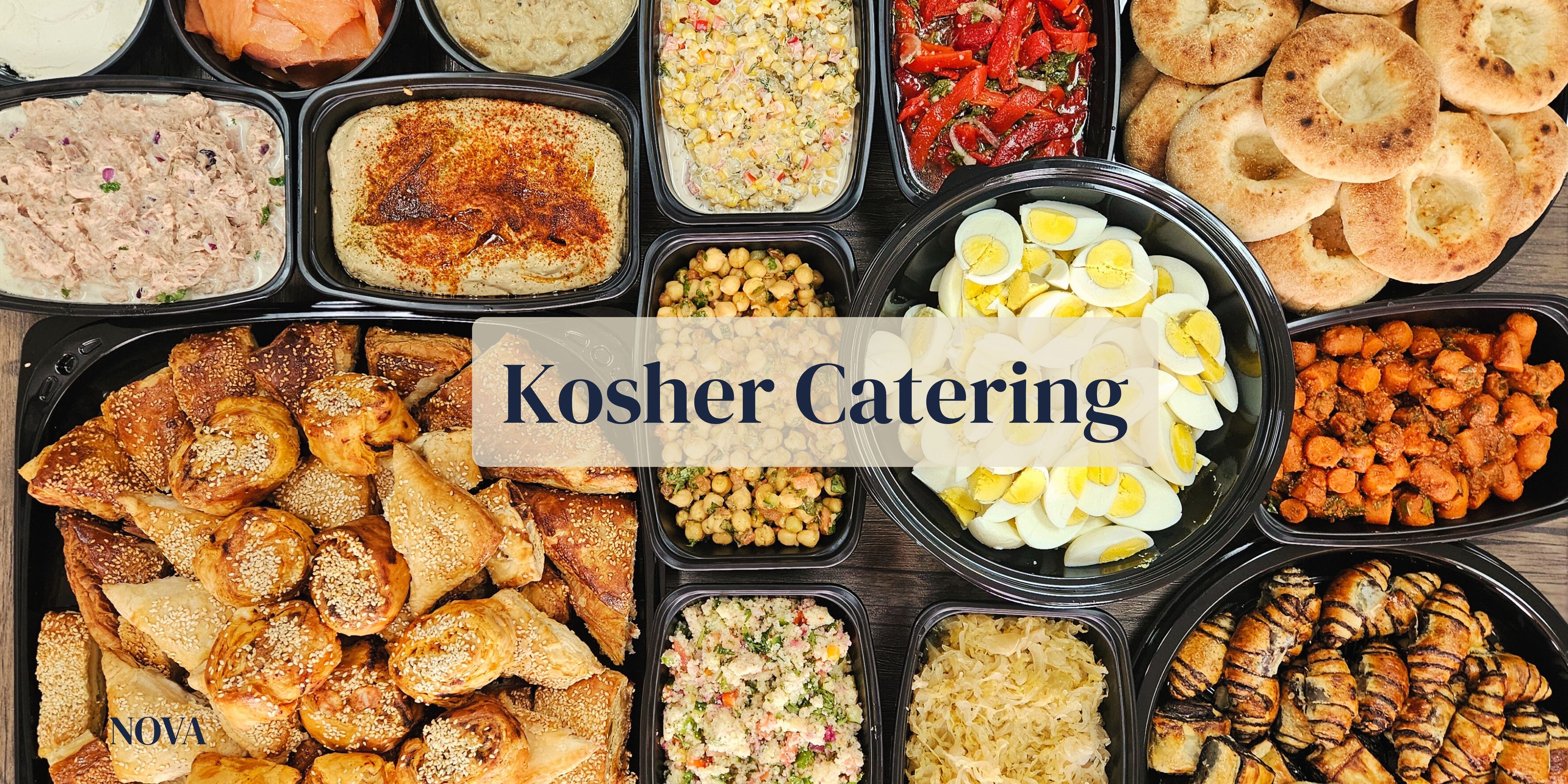 Assorted kosher catering food items in containers with 'Kosher Catering' text overlay.