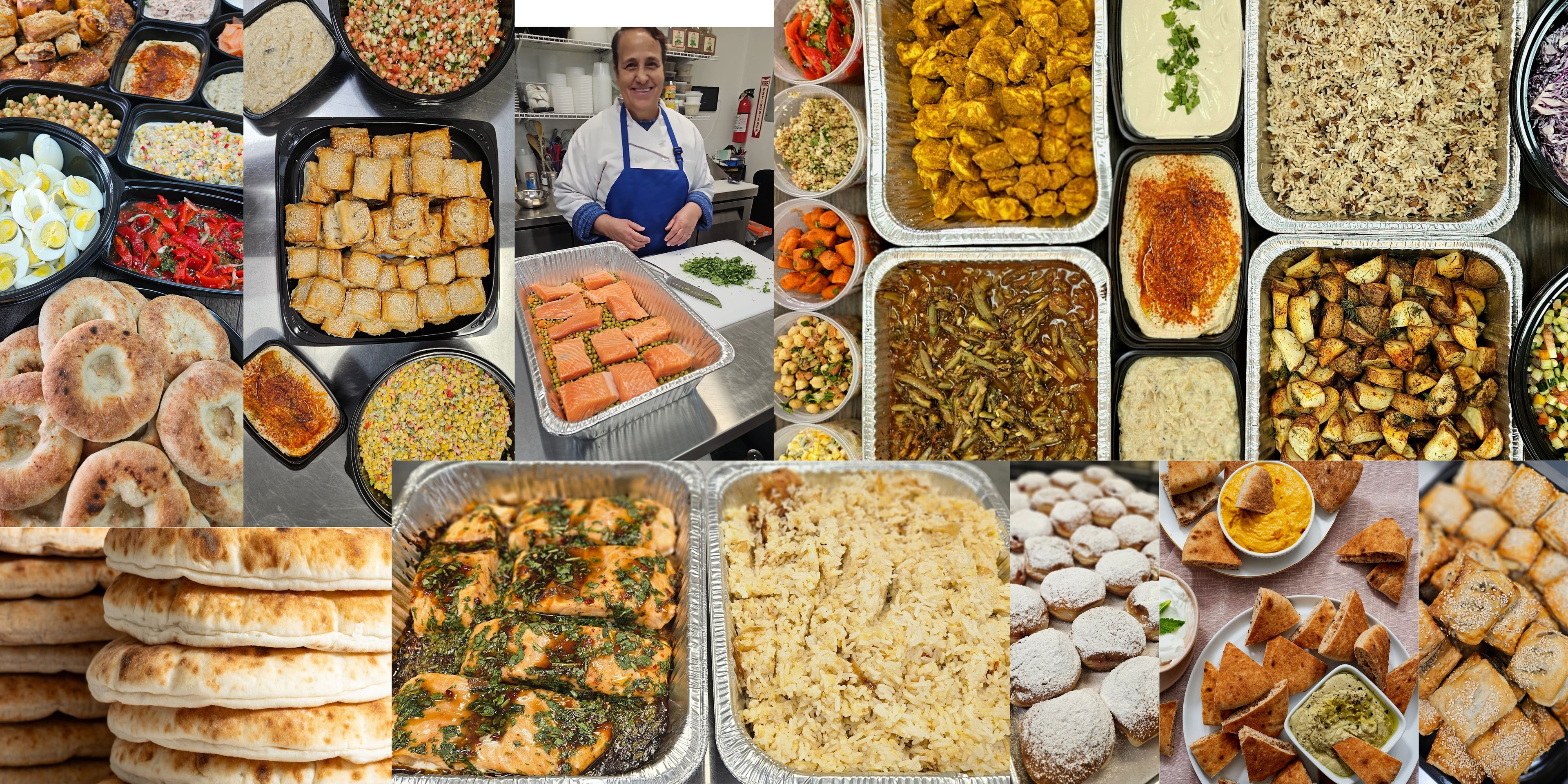 Collage of various food items including bread, salads, and dips.