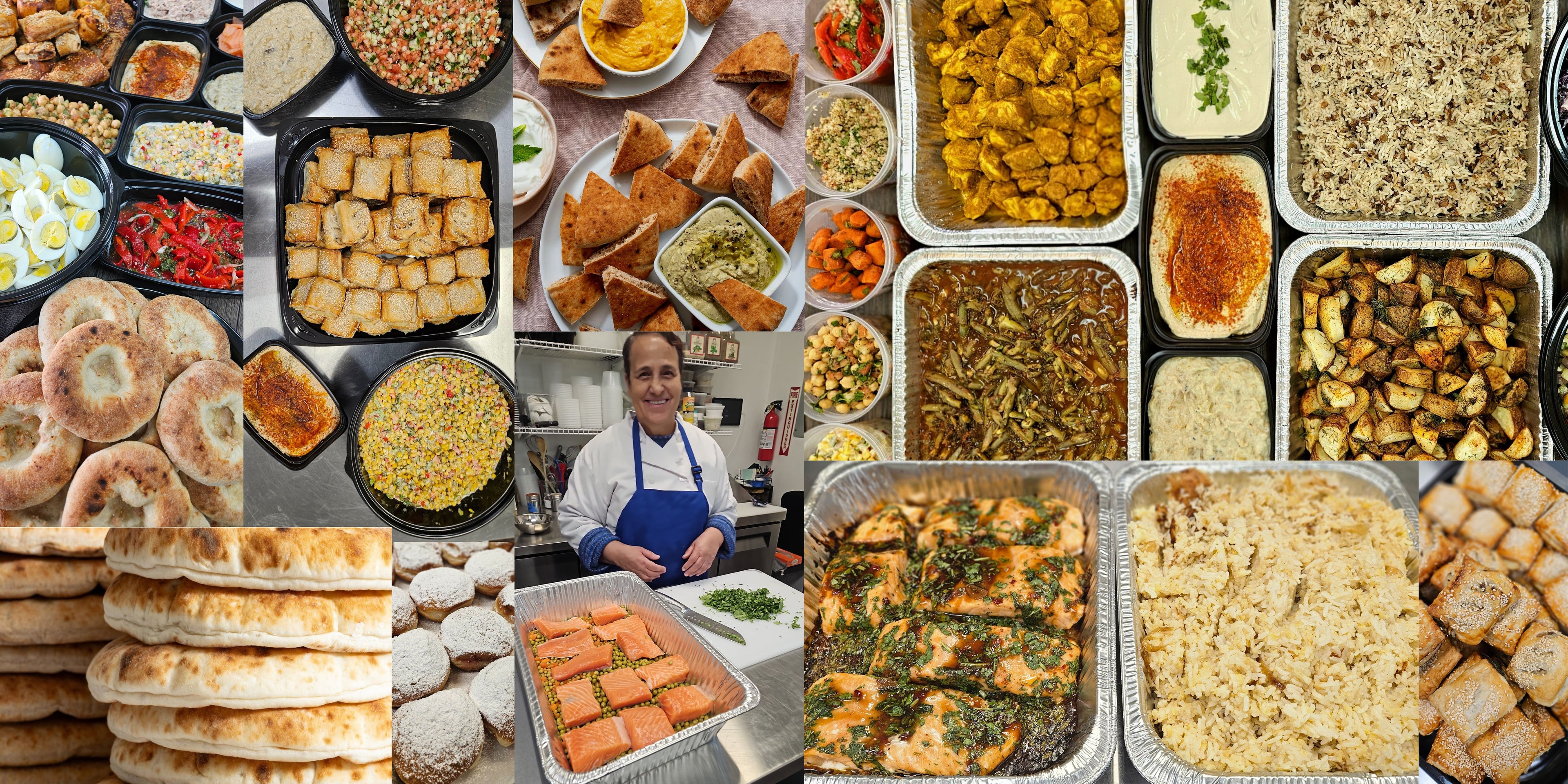 Collage of various food items including bread, salads, and vegetables with a person in an apron.