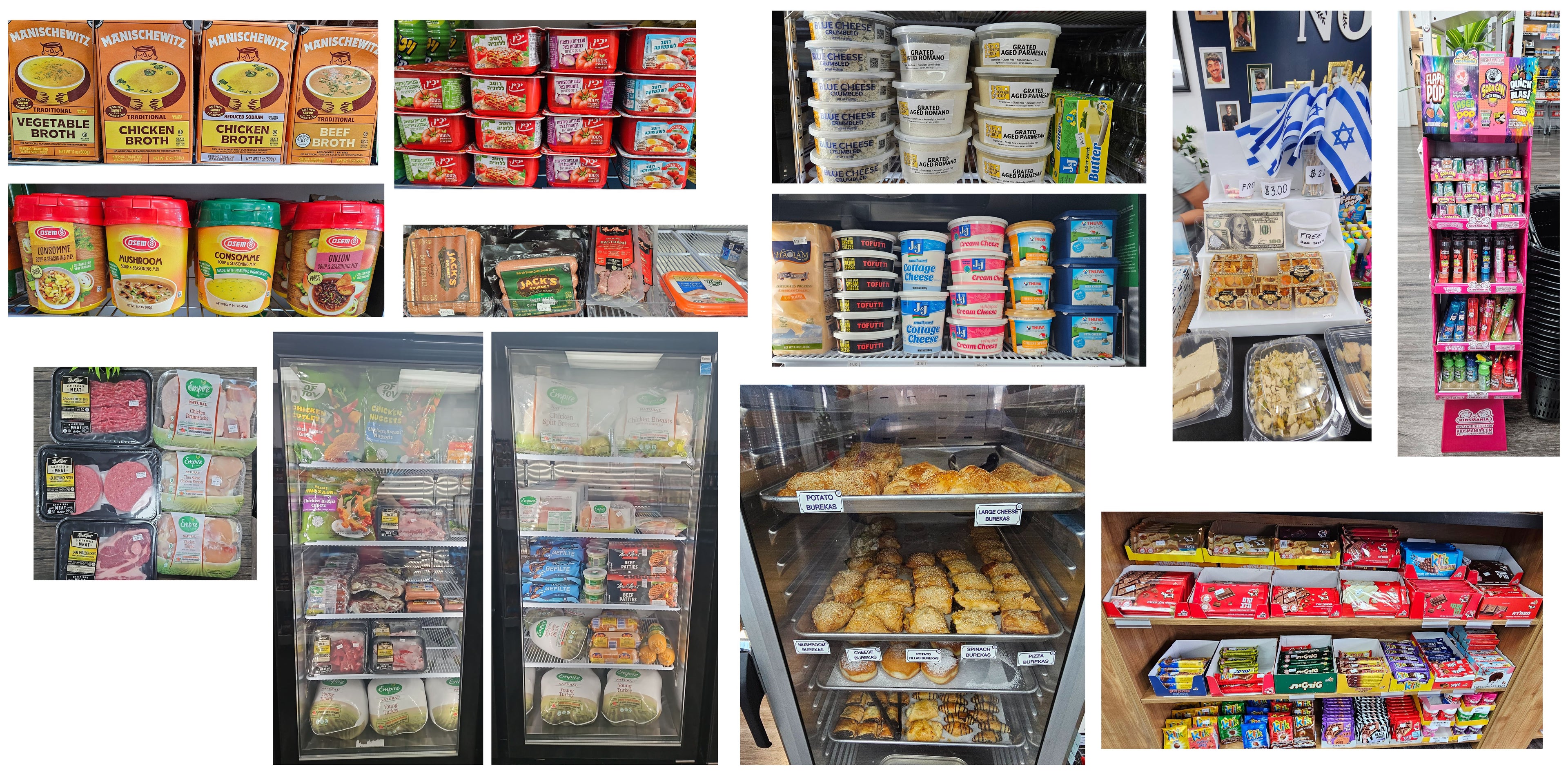 Collage of various food products and refrigerated sections in a store.