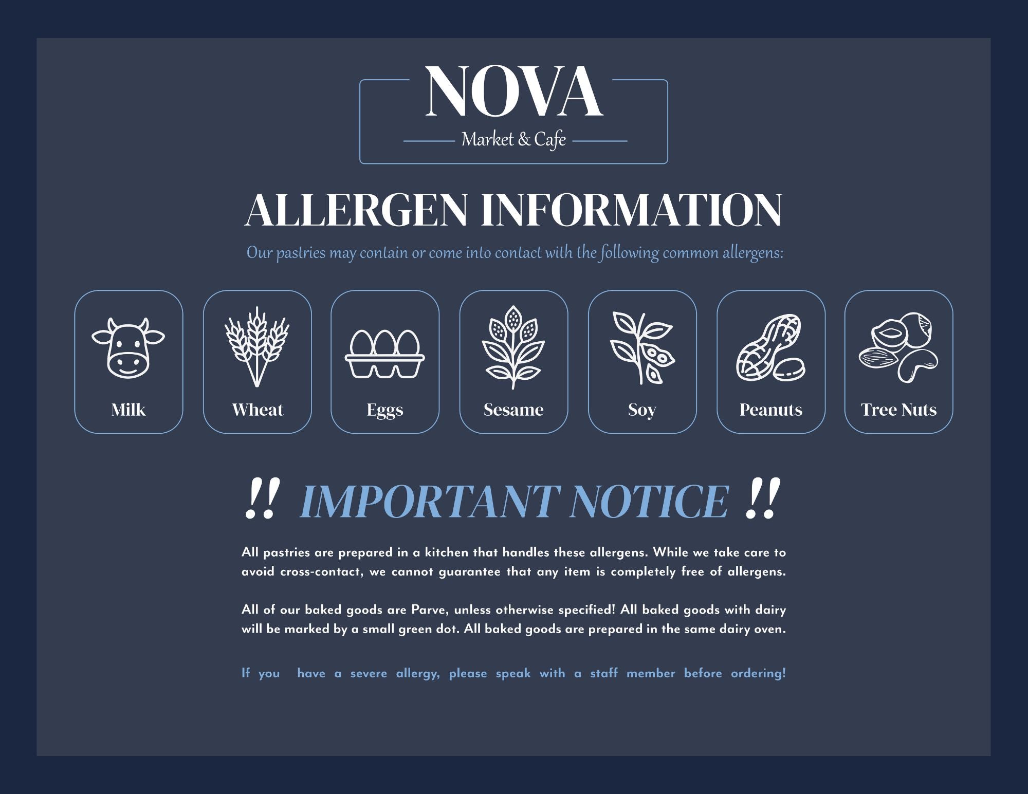 Allergen information card from Nova Market & Cafe with icons and text on a dark background