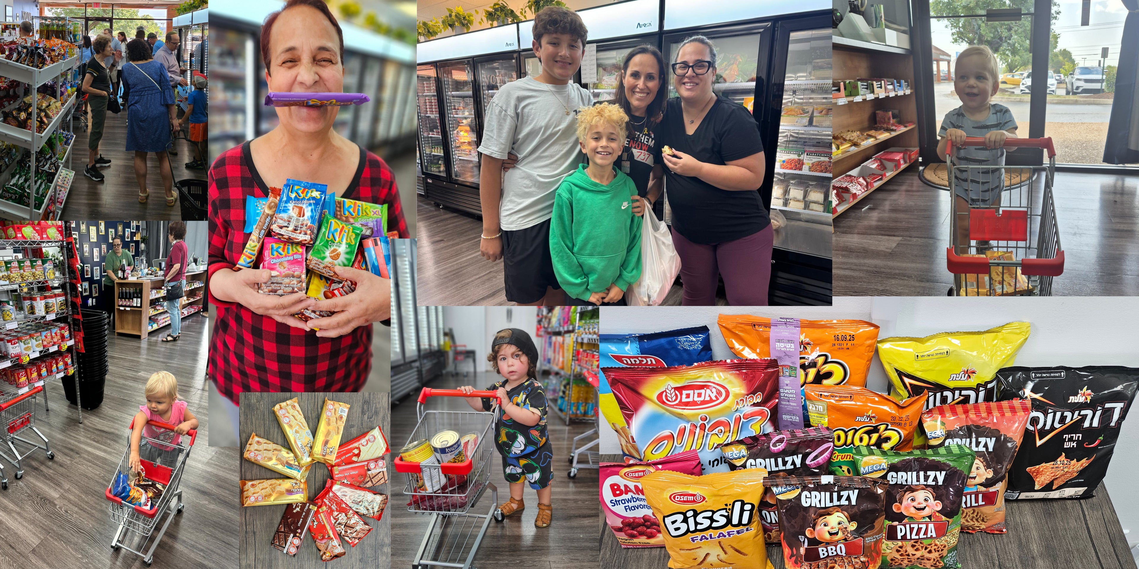 Collage of images from a grocery store with people and snacks.