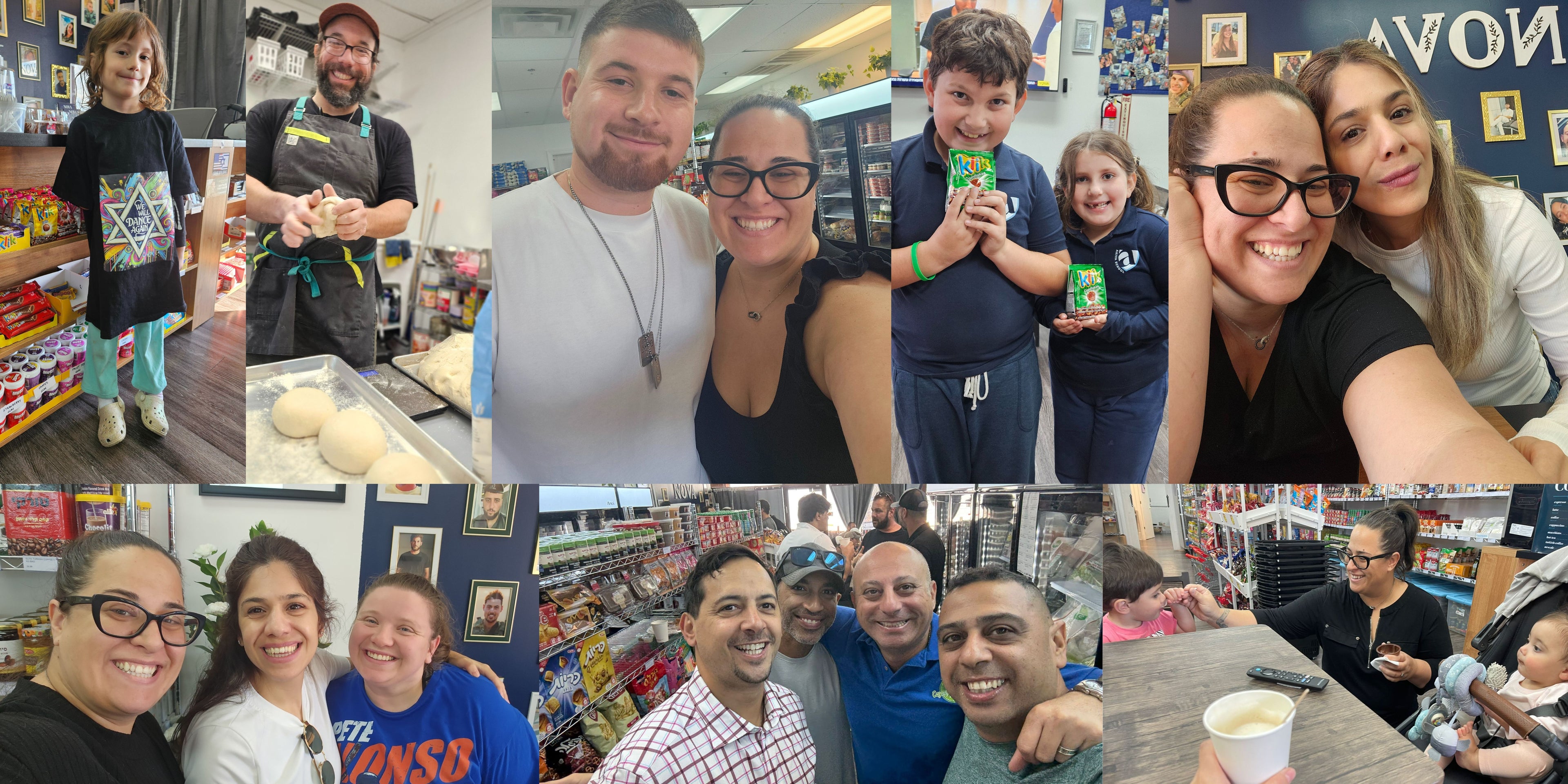 Collage of people in various settings, including a store and home.