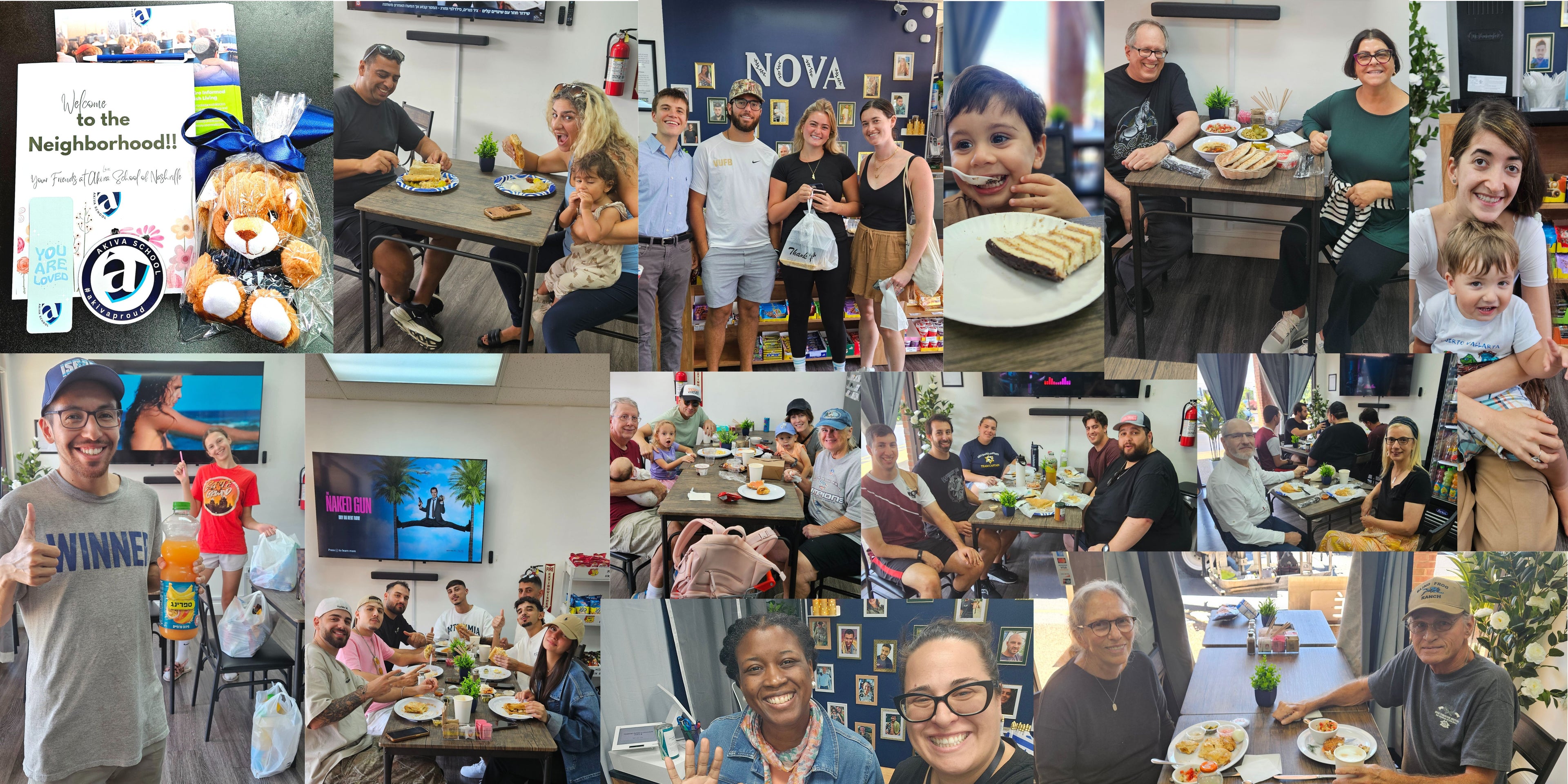 Collage of various people in different settings, including a family with a child, a group at a table, and a person in a store.